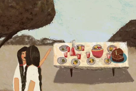 שולחן פיקניק וילדות משוחחות